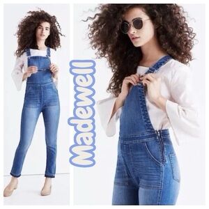 Madewell Skinny Overalls in a medium wash with a drop raw hem
